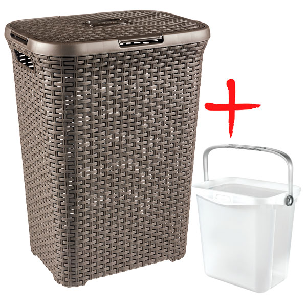 Корзина для белья Curver Rattan Style темно-коричневая 60 л + ведро для порошка 6 л 