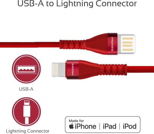 Кабель Promate Lightning – USB 1,2 м червоний (vigoray-i.red) 