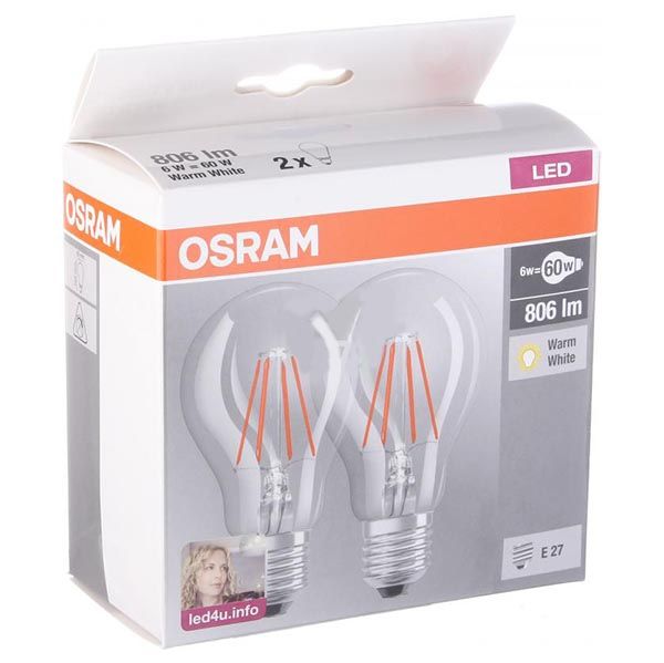 Лампа LED Osram CL A60 6 Вт E27 2700К 2 шт 