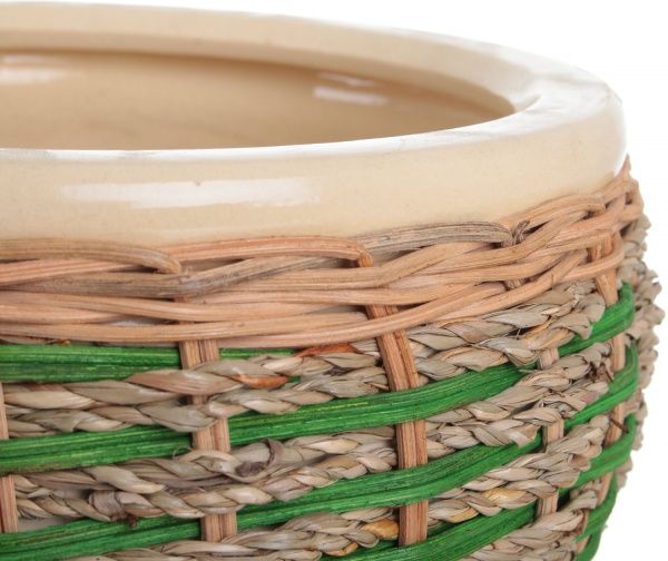 Горшок Viet Thanh Ceramic с блюдцем плетеный 23х16 см VT.11342-2 круглый бежевый с зеленым 