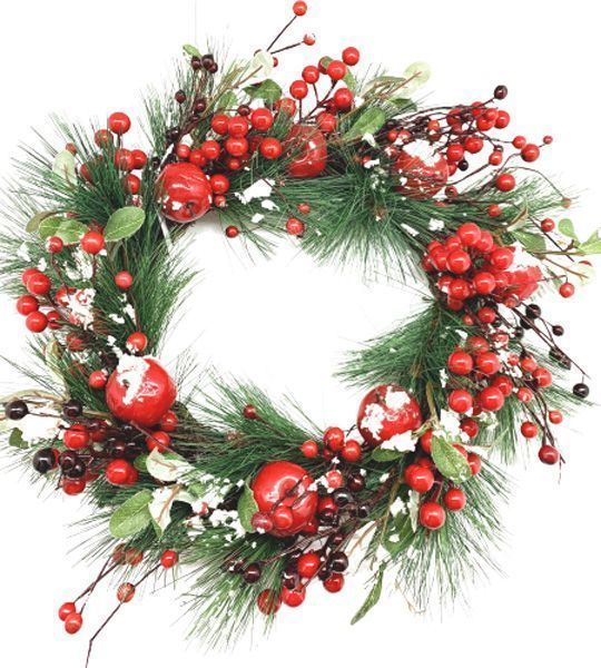 Вeнок новогодний с хвоей, ягодками, шишками, листьями и яблоками снегу d460 мм 31832F 