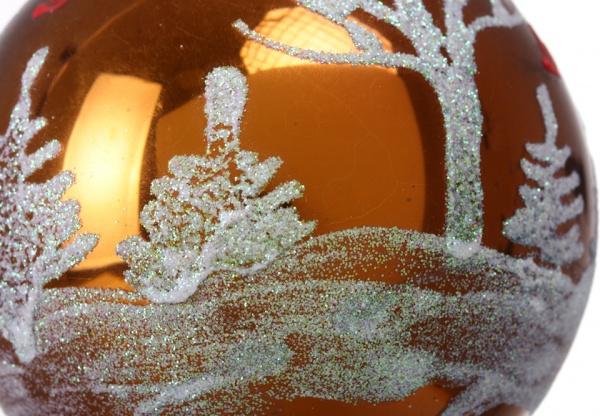 Куля новорічна з простим пейзажним малюнком d 80 мм помаранчевий