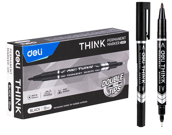 Маркер перманентный Deli 1 мм/0,5 мм двухсторонний черный EU211-BK