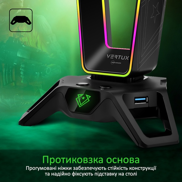 Тримач для навушників Vertux black (hexarack.black) USB хаб 3xUSB 3.0/2xAUX 3.5 мм 