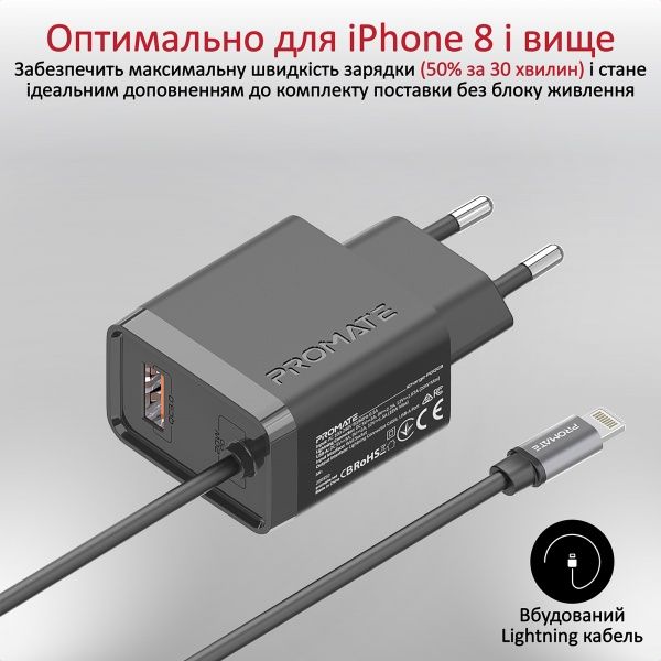 Зарядное устройство Promate iCharge-PDQC3 20Вт PD Lightning connector+USB QC3.0 Black 
