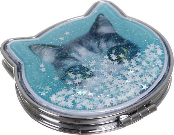 Зеркало карманное косметическое Лідер Канц Котик с сыпучими блестками фигурное 12 вариантов в ассортименте 