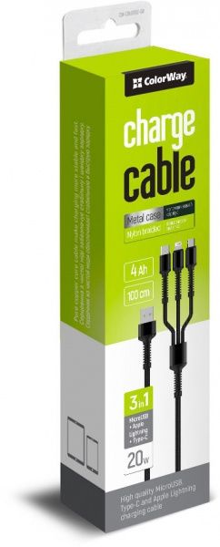 Кабель ColorWay 3в1 (Lightning+MicroUSB+Type-C) 1,2 м чорний (CW-CBU3003-GR) 