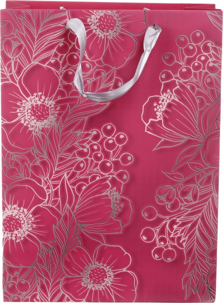 Пакет подарочный XLL-1 D-1143 розовый серебряные цветы с лаком глитер.