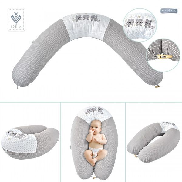 Подушка для кормления 35х200 см с вышивкой и пуговкой серая IDEIA