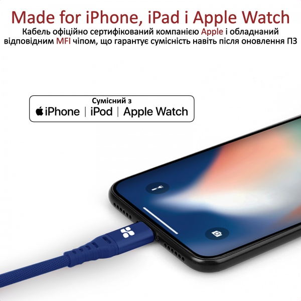 Кабель Promate NerveLink-I USB-Lightning 2.4А 1,2 м синій (nervelink-i.blue) 