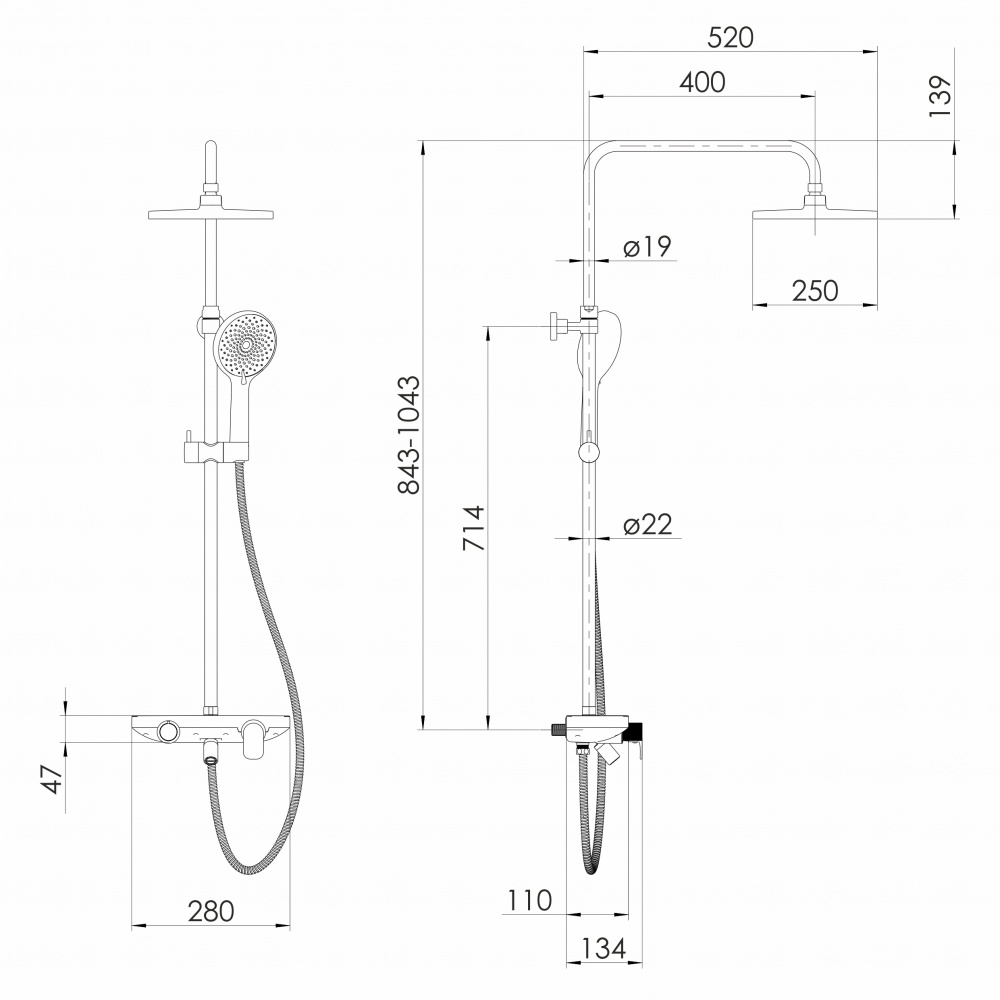 Душова система Imprese MODUS D (змішувач для душа, душ d250 мм, лійка 3 режими, шланг 1500 мм PVC), хром