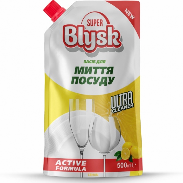 Засіб для ручного миття посуду SUPER Blysk Active Лимон дой пак 0,5л