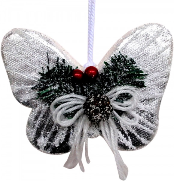 Ялинкова іграшка Метелик з горобиною срібний 13 см 