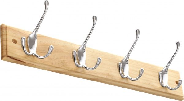 Вішалка на планці сосна 45x7x1.5 см 4 подвійних гачка хром