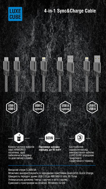 Кабель Luxe Cube ARMORED USB С / USB A / Lightning 4 в 1 60W 1 м сірий (4826896894341)