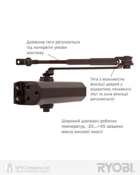 Доводчик дверной RYOBI DS-1554 стандартная тяга с фиксацией коричневый 80 кг