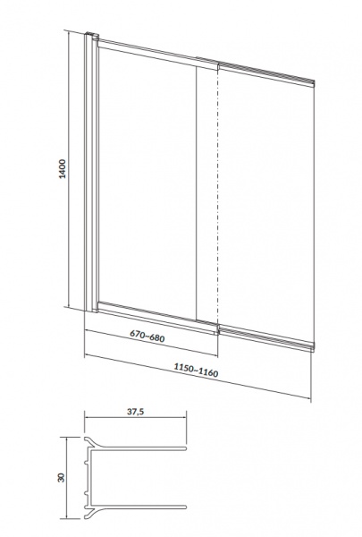 Шторка для ванны двухстворчатая Larga 140х115 черный профиль