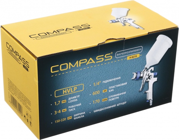 Краскораспылитель пневматический Compass H-828A 1,7 мм HVLP бак 0,6 л