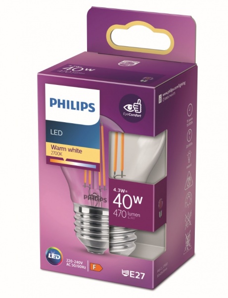 Лампа світлодіодна Philips P45 4,3 Вт E27 2700 К 220-240 В прозора 929001890555 