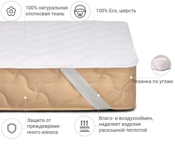 Наматрасник MirSon Стандарт Natural Line Wollen 956 обычный с резинкой по углам 26х80x160 см 2200000834522 