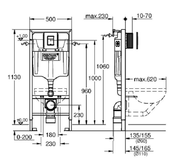 Комплект инсталляции Grohe Solido для подвесного унитаза 3 в 1 с квадратной кнопкой хром 38811000T
