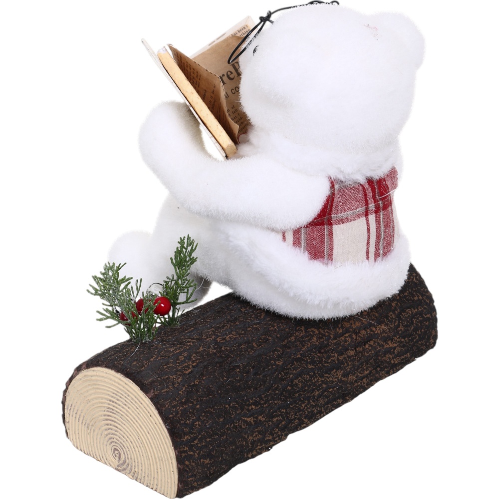 Декорация новогодняя мишка читает на пеньке белый 24х20 см.