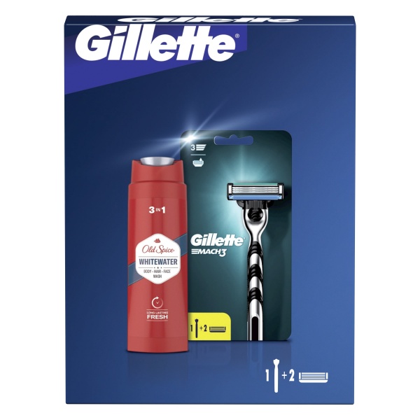 Подарочный набор для мужчин Gillette Станок Mach3 + гель для душа Old Spice 3-в-1 Whitewater 250 мл