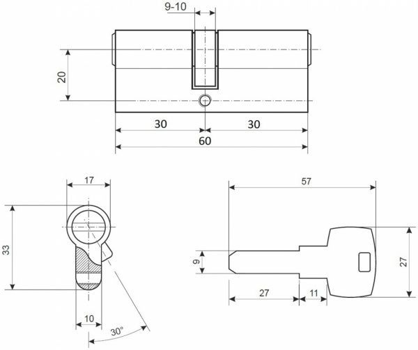 Цилиндр Apecs EM-60-NI (CIS) 30x30 ключ-ключ 60 мм хром