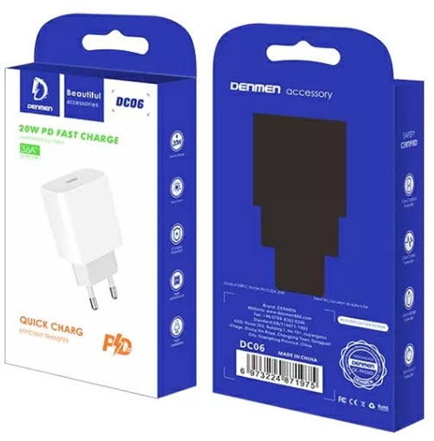 Сетевое зарядное устройство Denmen DC06 USB Type-С PD 20W White (6973224872002)