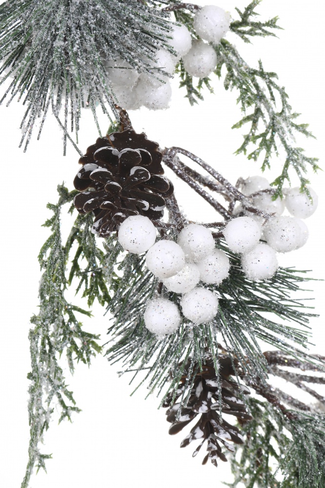 Декорація новорічна гірлянда хвойна з білими ягодами та шишками 122 см RS1T1078