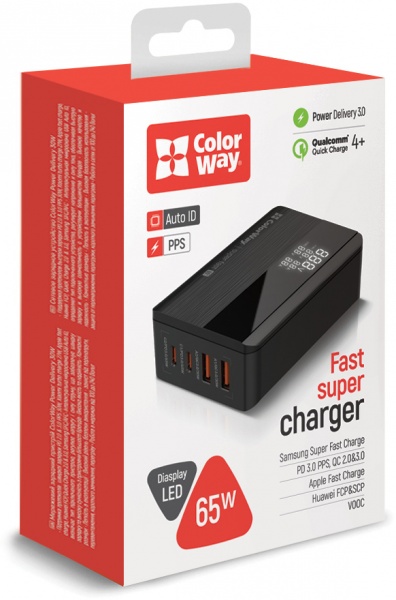 Зарядное устройство ColorWay Power Delivery (2USB-A + 2USB TYPE-C) (65W) CW-CHS040PD-BK