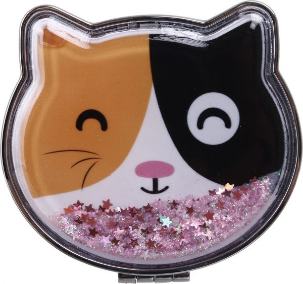 Зеркало карманное косметическое Лідер Канц Котик с сыпучими блестками фигурное 12 вариантов в ассортименте 