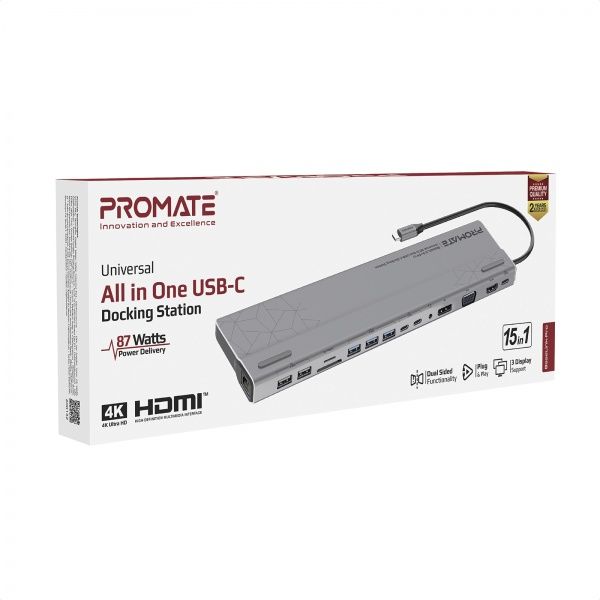 USB-хаб Promate BaseLink-Pro USB-C PD/HDMI/VGA/DisplayPort/3xUSB 3.1/2xUSB-C 3.1/2xUSB 2.0/RJ45/SD/MicroSD/AUX 3.5мм Grey