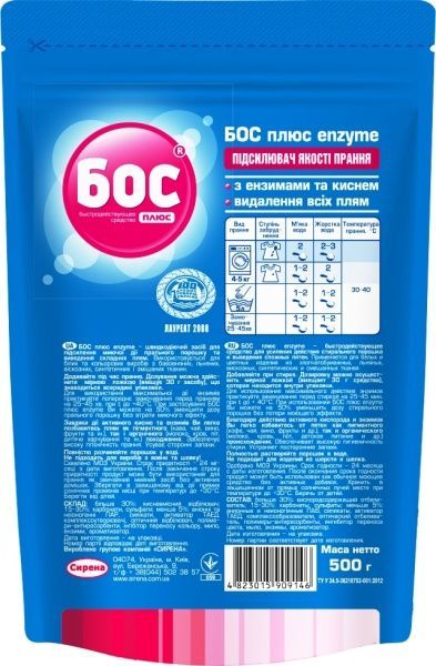 Усилитель для машинной стирки БОС плюс ENZYME 0,5 кг