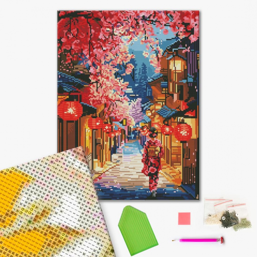 Алмазна мозаїка Вулиця в сакурі 40х50 см Brushme