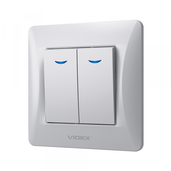 Вимикач двоклавішний Videx Binera з підсвіткою срібний шовк VF-BNSW2L-SS