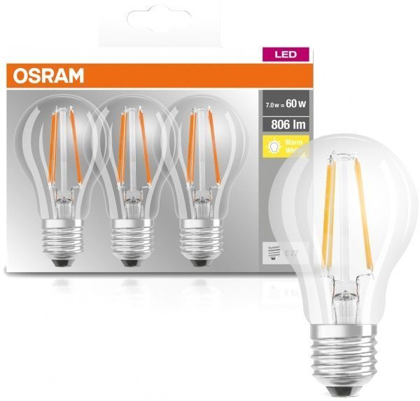 Лампа світлодіодна Osram FIL 3 шт./уп. A60 7 Вт E27 3000 К 220 В прозора 4058075819290 