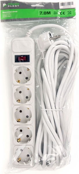 Мережевий фільтр PowerPlant 7 м, 3x1.5 мм², 10А, 5 розеток, євростандарт (JY-1056/7) PPSA10M70S5 