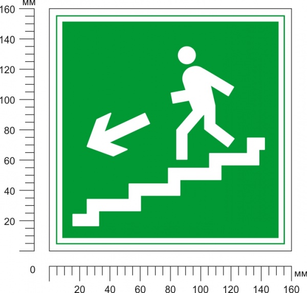Наклейка Направление к эвакуационному выходу по лестнице вниз левосторонняя 150х150 мм
