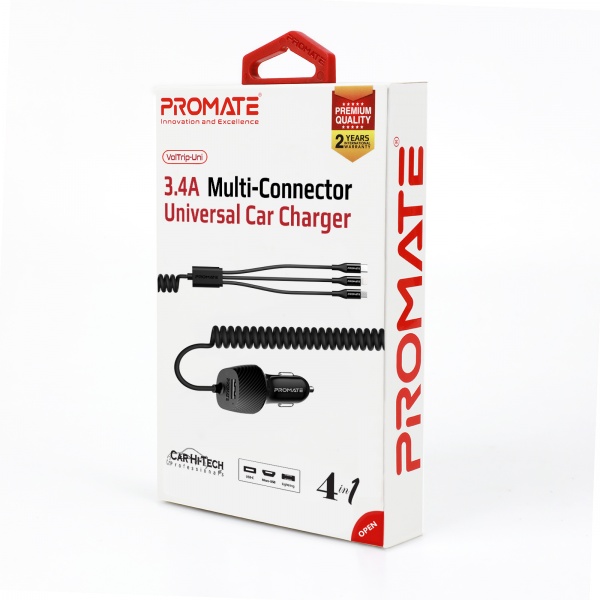 Автомобільний зарядний пристрій Promate Voltrip-UNI 17Вт USB + Multi-Connector Black 