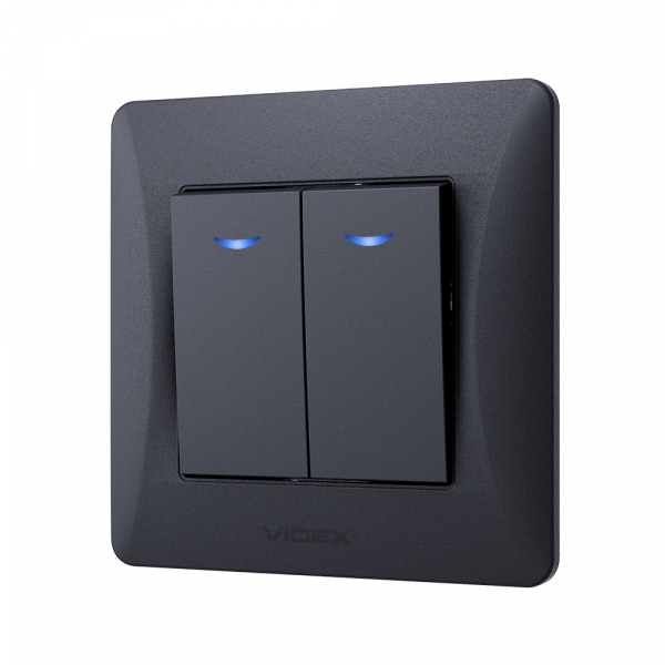 Вимикач двоклавішний Videx Binera з підсвіткою чорний графіт VF-BNSW2L-BG