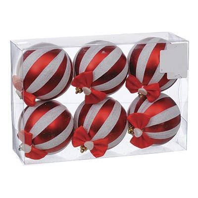 Набір ялинкових куль пластик біло-червона смужка d 80 мм 6 шт./уп.