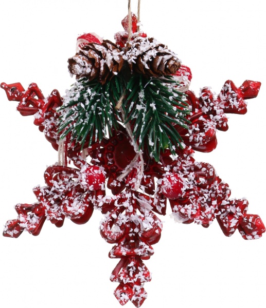 Декоративная подвеска Снежинка с декором 11 см красный NY21067