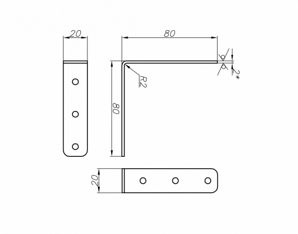 Кутник перфорований Сталевий характер рівносторонній 80x80x20 мм 2 мм (1шт.)