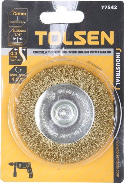 Щітка дискова 75мм х 6.4мм, гофрований латунований дріт 0.3мм Tolsen 77542