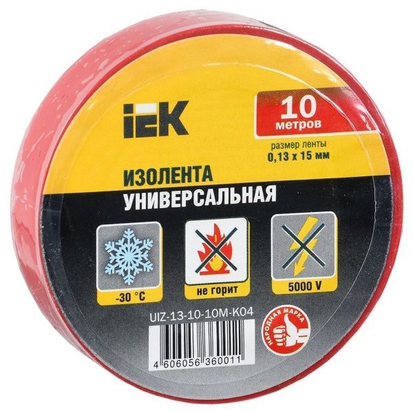 Изолента IEK красная 0.13х15 мм 10 м ПВХ UIZ-13-10-10M-K04