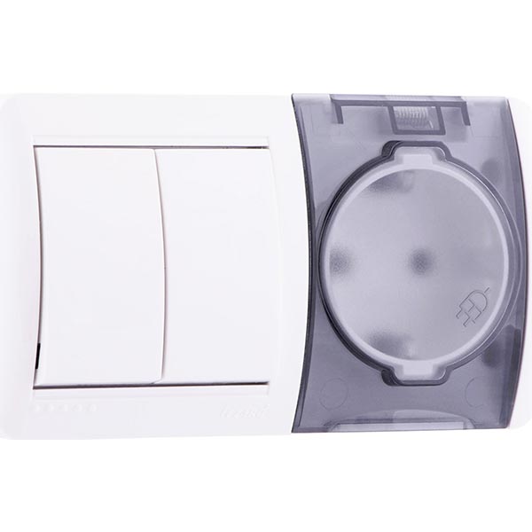 Розетка + вимикач із заземленням Lezard Nata горизонтальна 710-0200-171 без шторок з кришкою білий