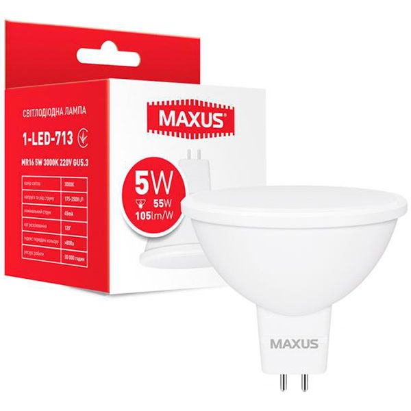 Лампа светодиодная Maxus 5 Вт MR16 матовая GU5.3 220 В 3000 К 1-LED-713 