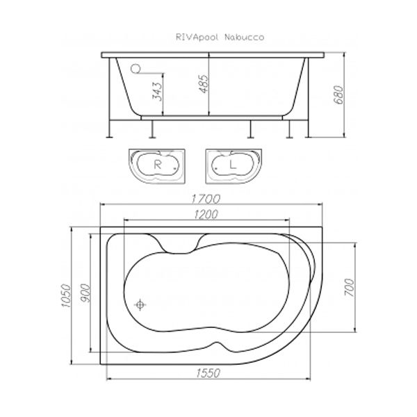 Ванна акриловая Riva Nabucco 170x105 см левая