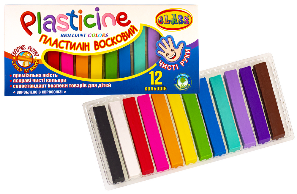 Пластилін восковий Чисті руки 12 кольорів квадратний 200 г 7627-2С CLASS